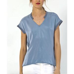 Go by Go Silk Womens Iconic Go Anytime V-Neck Cap Sleeve Blouse Black Gray Small